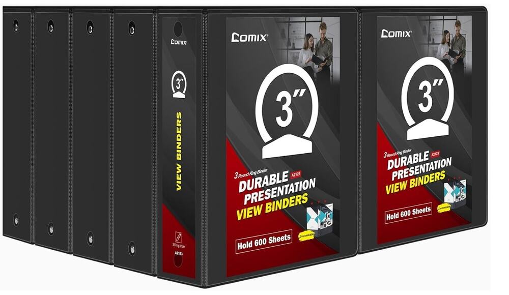 Comix 3" Round Ring View Binder 8 Pack Black Gray 600 Sheet Capacity